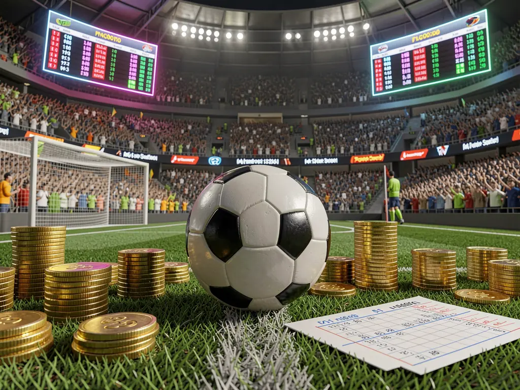 Premium sports betting scene by P880 showing a football field with a stadium crowd, a soccer ball, golden coins, betting slip elements, and neon odds panels in a realistic high detail 3D render