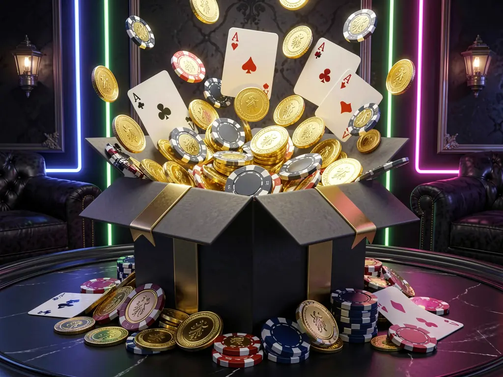 P880 online casino bonus gift box exploding with golden coins, poker chips, and playing cards against a dark luxury background with glowing neon accents