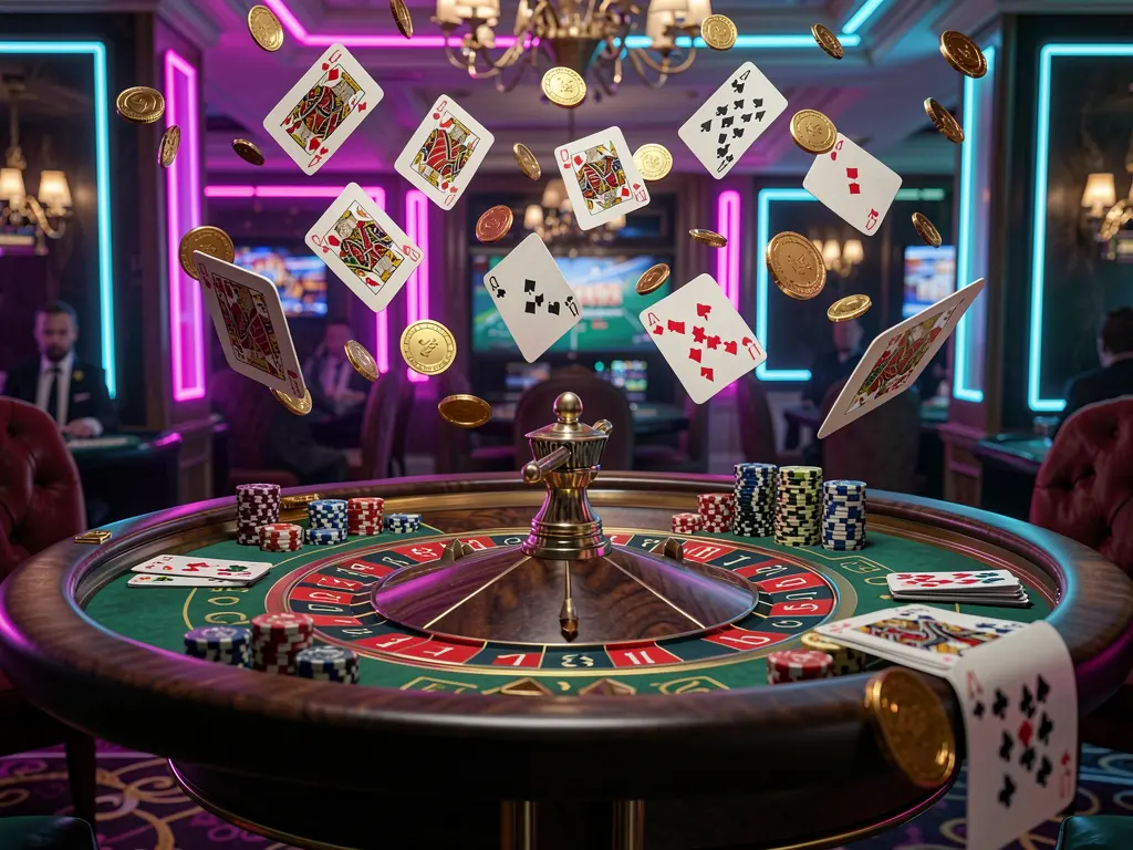 P880 premium casino gaming scene featuring an elegant roulette table with chips and cards, golden coins flying in the air under dramatic neon lighting in a high detail 3D render