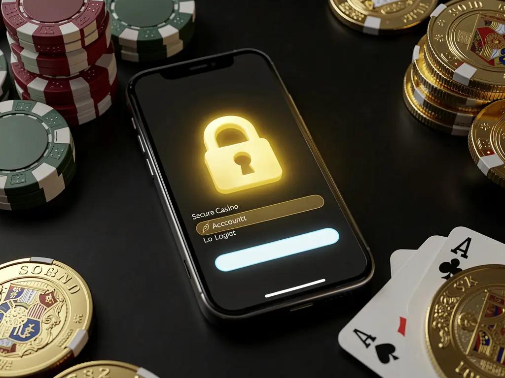 P880 secure casino account login concept showing a glowing lock icon on a smartphone screen with poker chips, playing cards, and golden coins nearby against an elegant black and gold background