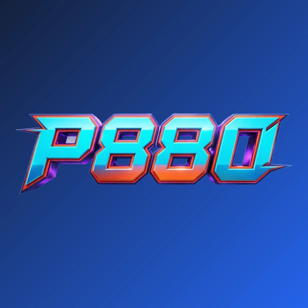 Bold 3D gaming logo with strong lettering spelling P880 in energetic colors, modern esports-inspired horizontal rectangular wordmark with transparent background for website header